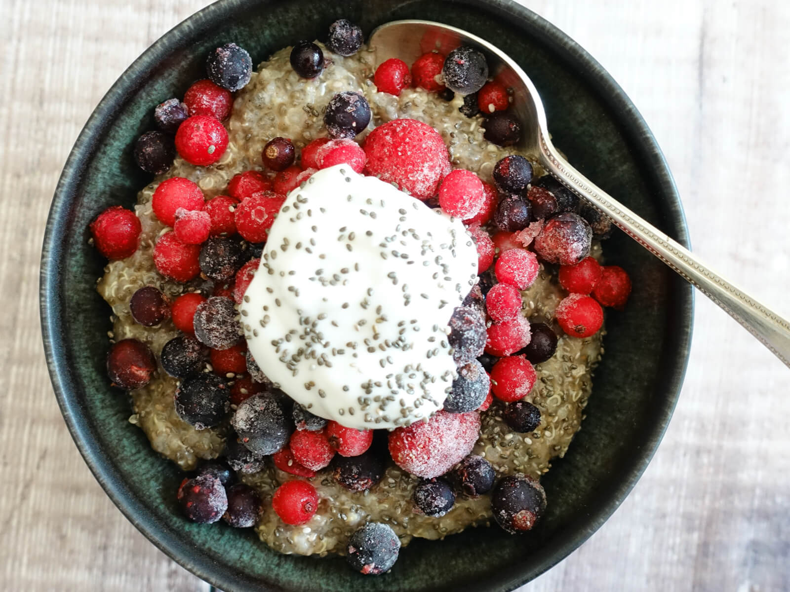 A delightful bowl of quinoa and chia seed porridge - anti-flammation diet, anti-depressant, gut balancing and dairy and grain-free.