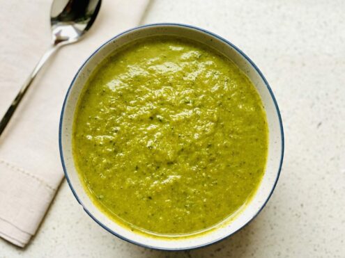 A green, microbiome-friendly soup that is made with broccoli and kale - another EBS recipe success.