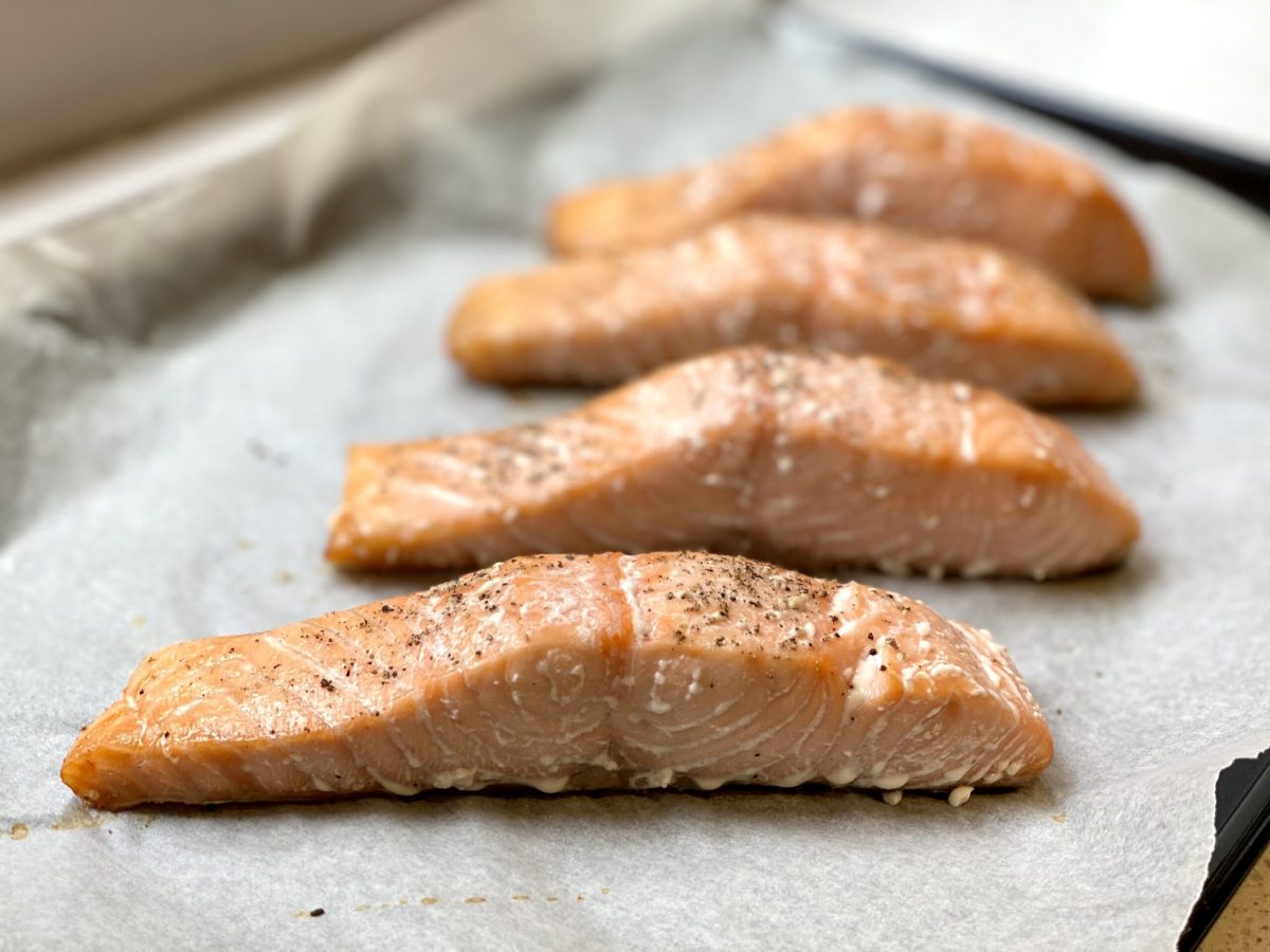 Salmon steaks on a roasting tin
