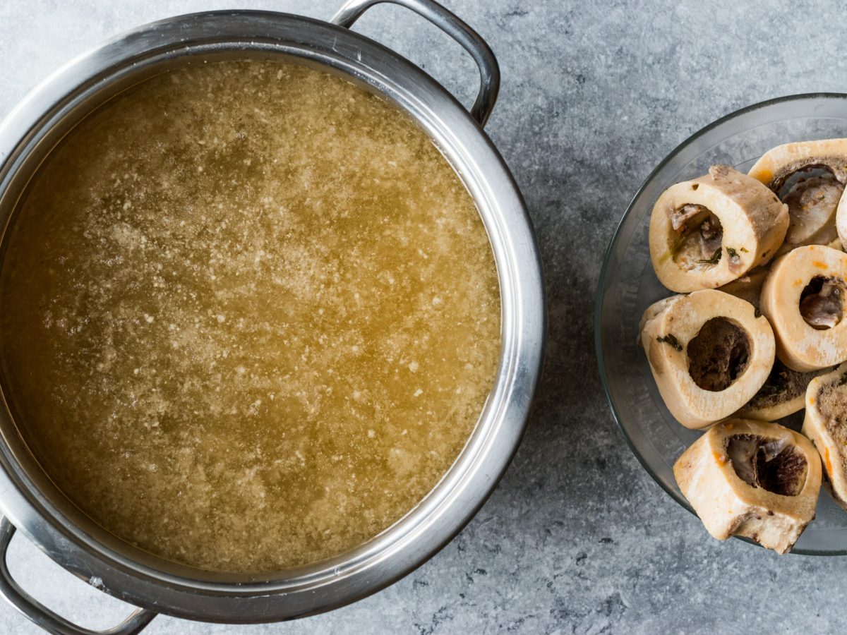 A pan of bone broth; a special recipe to reduce inflammation and heal intestinal lining.