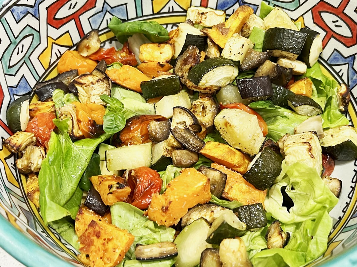 Bowl with Roasted zucchini eggplant & sweet potato salad