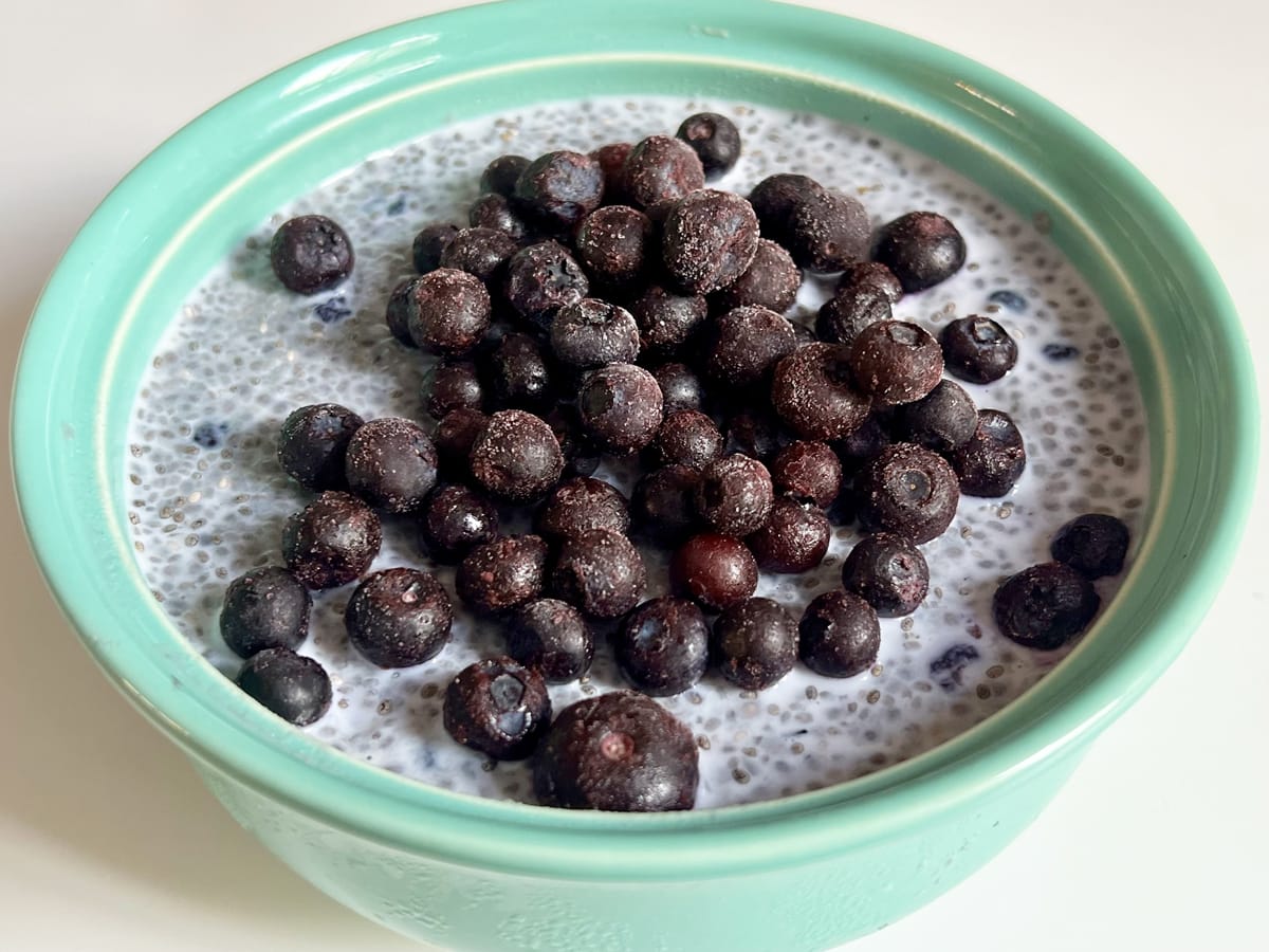 Bowl of overnight protein chia seeds with blueberries.