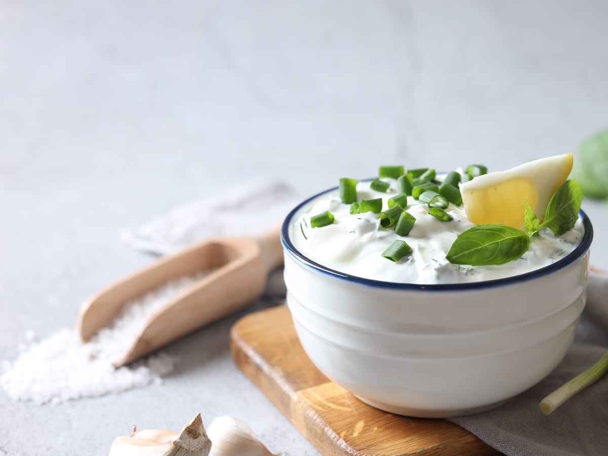 Delicious,Yogurt,With,Green,Onion,In,Bowl,,Garlic,,Salt,And