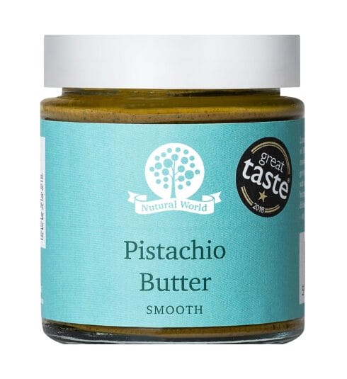 jar with white lid and blue label of pistachio butter