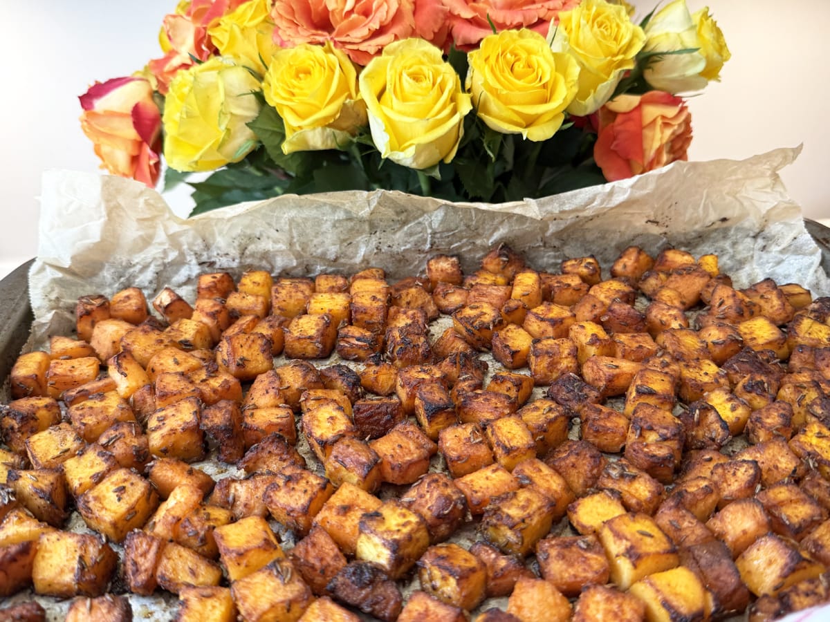 tray of cube roasted butternut squash and sweet potato