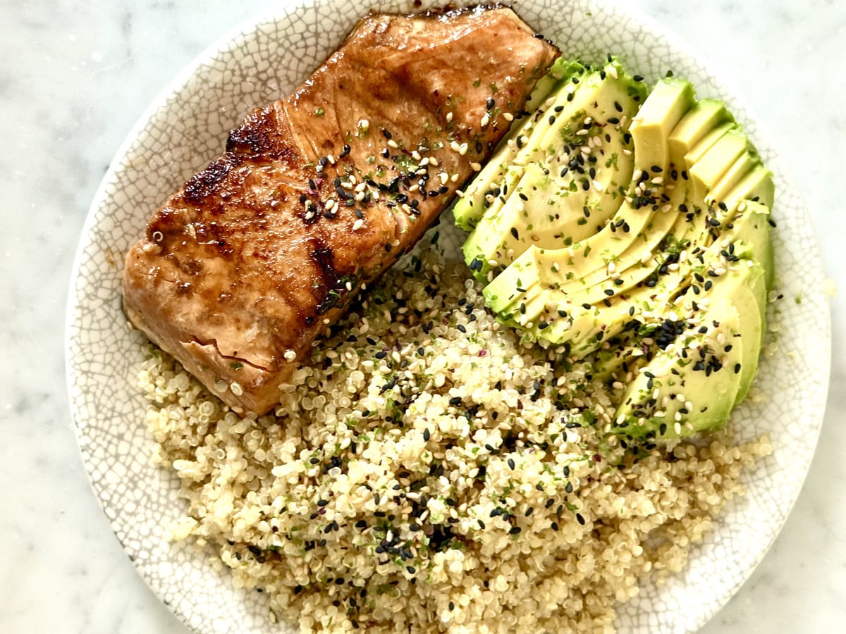 Lazy Teriyaki Salmon with a side of avocado and quinoa.